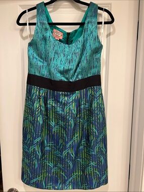 Teal & Blue Patterned Fit-and-Flare Dress